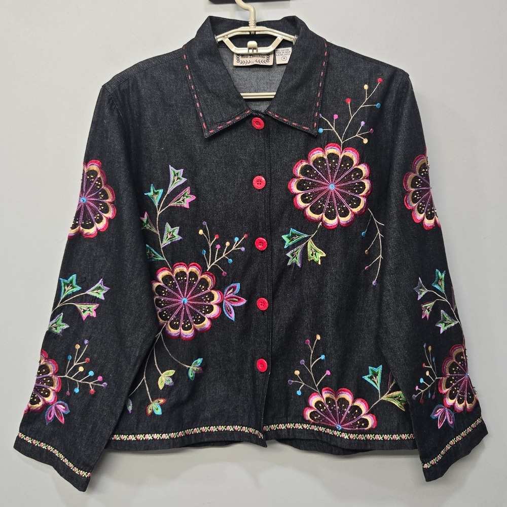 Vintage Y2K Floral Embroidered Denim Jacket Medium Black Boho Folk Art To Wear